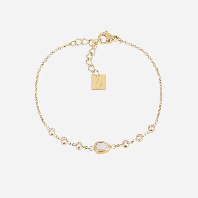 Bracelet Adrano ZAG en acier inoxydable doré avec goutte en nacre ou turquoise et zirconiums