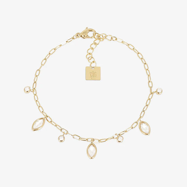 Bracelet Azélie ZAG en acier inoxydable doré avec pampilles marquise et zirconiums