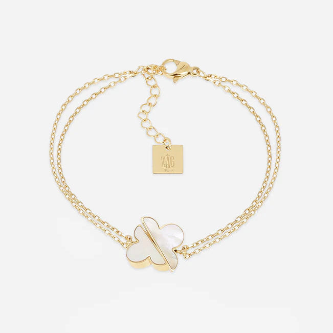 Bracelet Azzo ZAG en acier inoxydable doré avec double chaîne et trèfle en nacre blanche