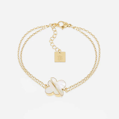 Bracelet Azzo ZAG en acier inoxydable doré avec double chaîne et trèfle en nacre blanche