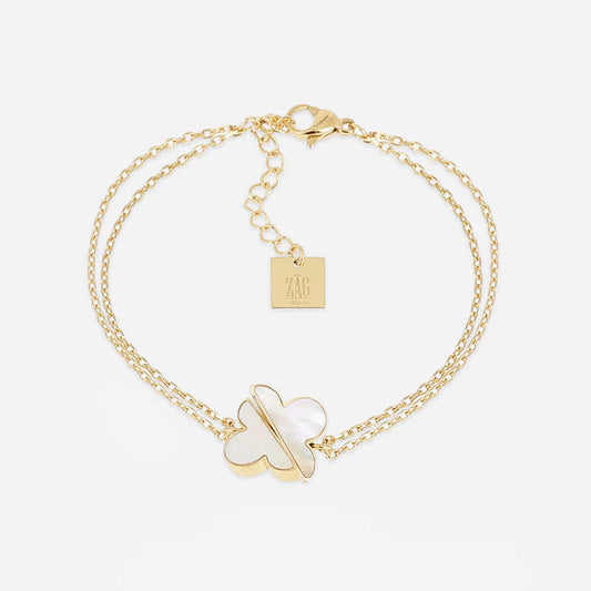 Bracelet Azzo ZAG en acier inoxydable doré avec double chaîne et trèfle en nacre blanche
