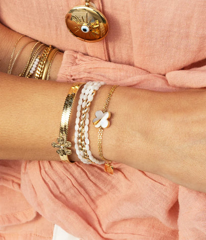 Bracelet Azzo ZAG en acier inoxydable doré avec double chaîne et trèfle en nacre blanche