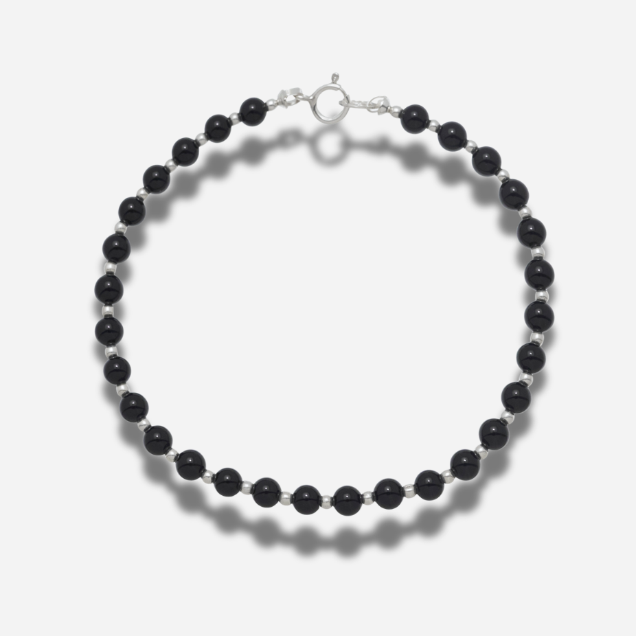 Bracelet B305 Harpo en perles rondes d’onyx noir et argent massif 925 fabriqué à la main aux États-Unis.