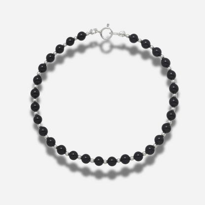 Bracelet B305 Harpo en perles rondes d’onyx noir et argent massif 925 fabriqué à la main aux États-Unis.