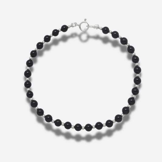 Bracelet B305 Harpo en perles rondes d’onyx noir et argent massif 925 fabriqué à la main aux États-Unis.