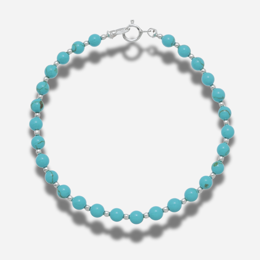 Bracelet B306 Harpo en perles rondes de turquoise naturelle et argent massif 925 fabriqué à la main aux États-Unis.