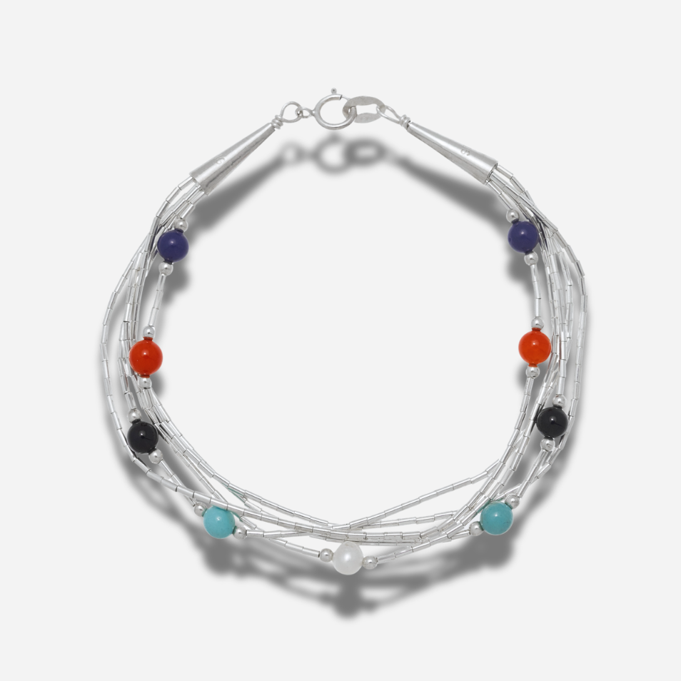 Bracelet B487 Harpo en argent massif liquid silver avec pierres naturelles multicolores fabriqué à la main selon la tradition Navajo.