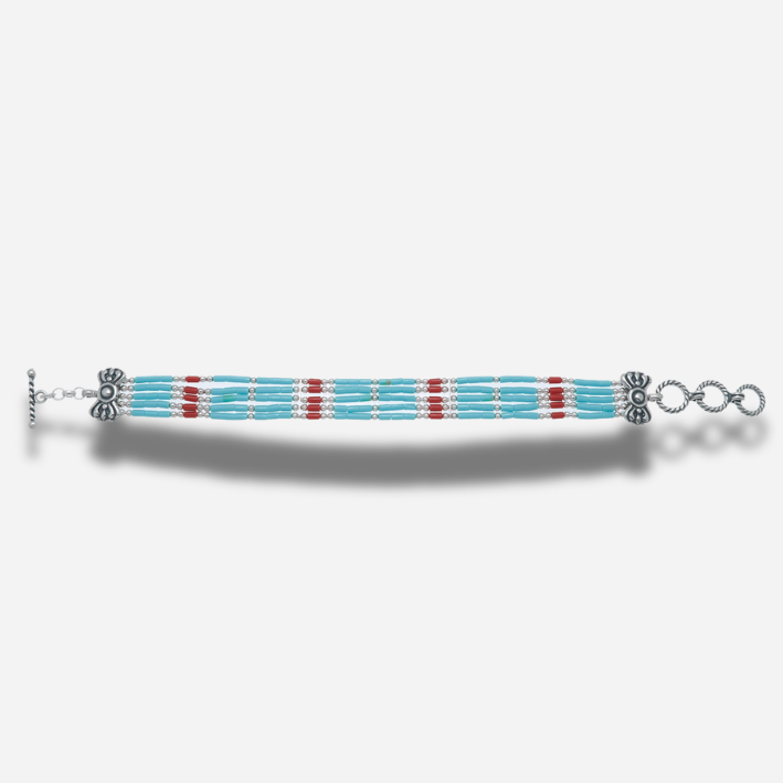 Bracelet B489 Harpo à cinq rangs de perles tubulaires turquoise et corail avec détails en argent massif fabriqué à la main aux États-Unis.