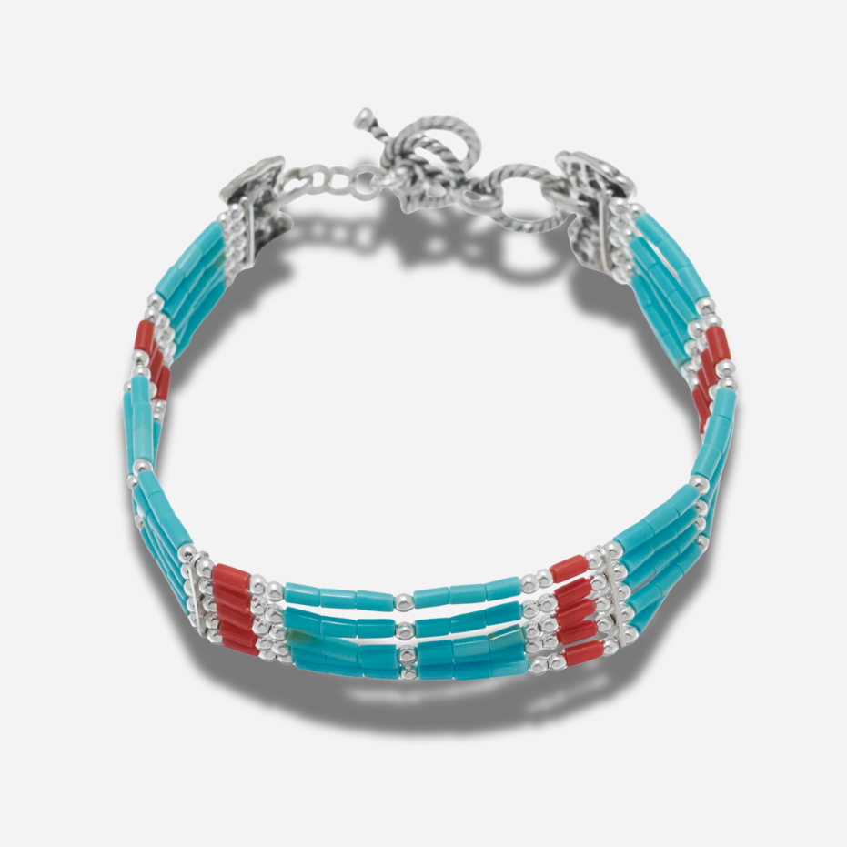 Bracelet B489 Harpo à cinq rangs de perles tubulaires turquoise et corail avec détails en argent massif fabriqué à la main aux États-Unis.