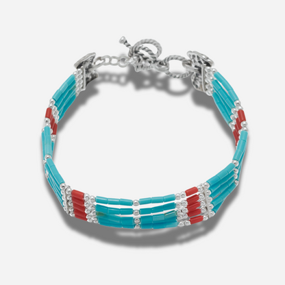 Bracelet B489 Harpo à cinq rangs de perles tubulaires turquoise et corail avec détails en argent massif fabriqué à la main aux États-Unis.