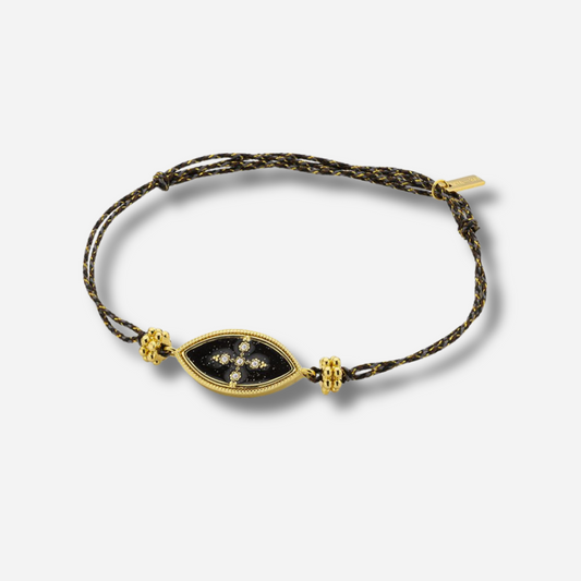 Bracelet Black Chennai Iris Mya Bay avec motif œil noir et doré sur cordon noir