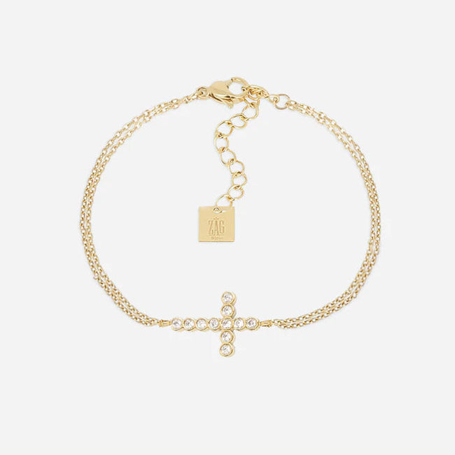 Bracelet Capizzi ZAG en acier inoxydable doré avec croix sertie de zirconiums