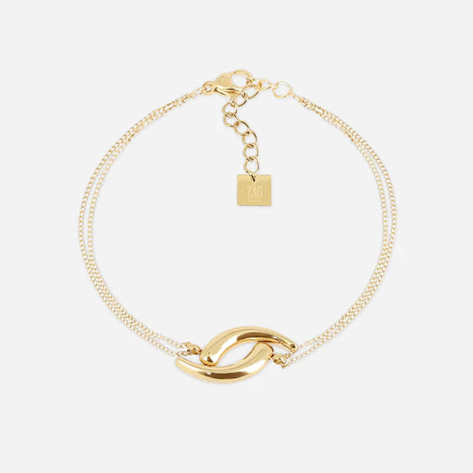 Bracelet Charis ZAG en acier inoxydable doré avec double chaîne et motif organique sculptural
