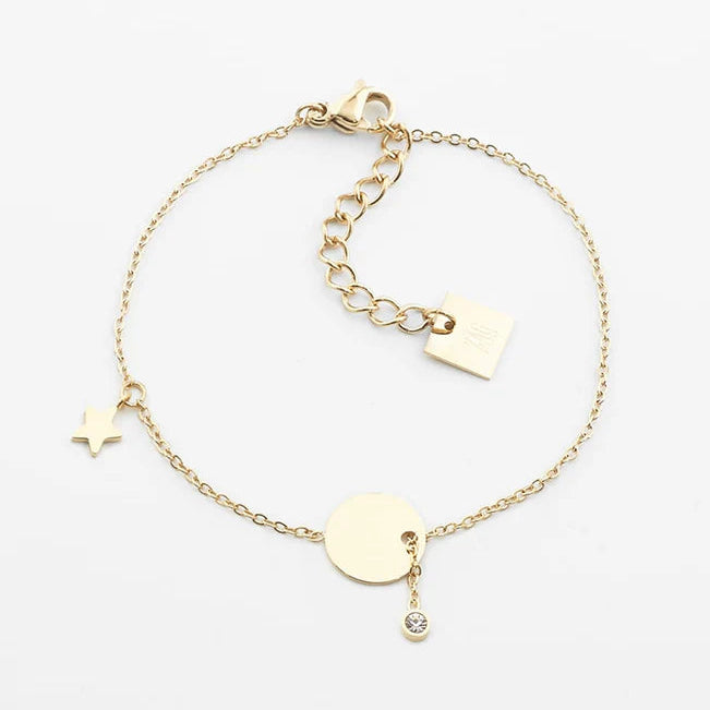 Bracelet Charm ZAG en acier inoxydable doré avec médaille ronde, étoile et cristal