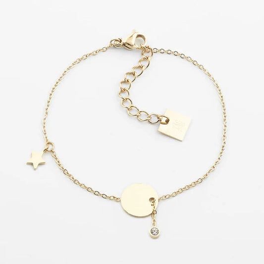 Bracelet Charm ZAG en acier inoxydable doré avec médaille ronde, étoile et cristal