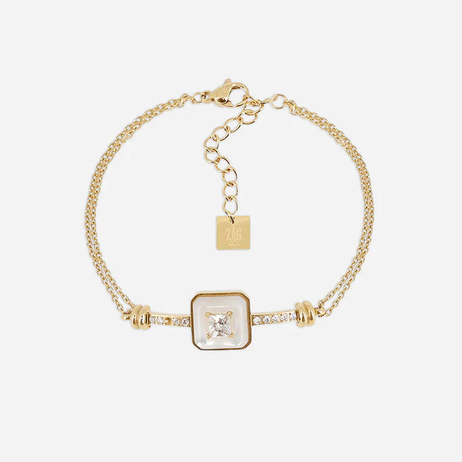 Bracelet Codex ZAG en acier inoxydable doré avec rectangle en nacre et zirconiums