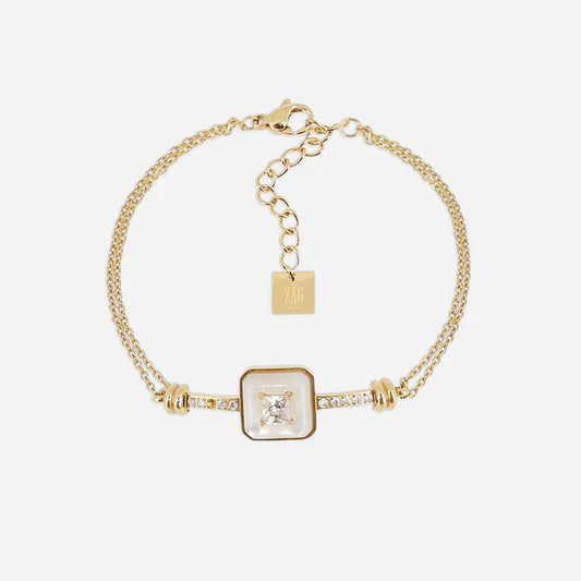 Bracelet Codex ZAG en acier inoxydable doré avec rectangle en nacre et zirconiums