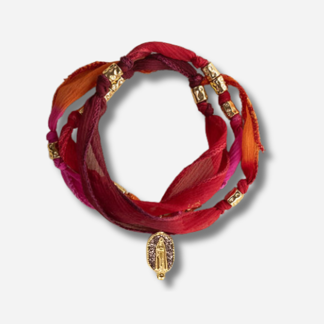 Bracelet Collier Arone Madone Sunset Amadrina en soie colorée avec médaille Madone et acier doré à l'or fin 18K