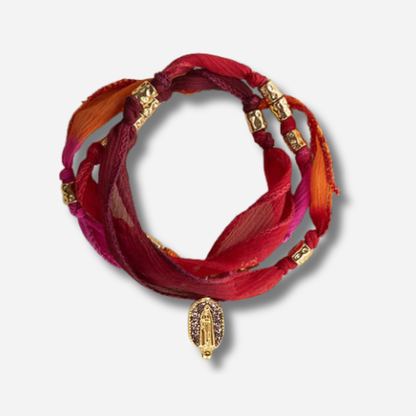 Bracelet Collier Arone Madone Sunset Amadrina en soie colorée avec médaille Madone et acier doré à l'or fin 18K