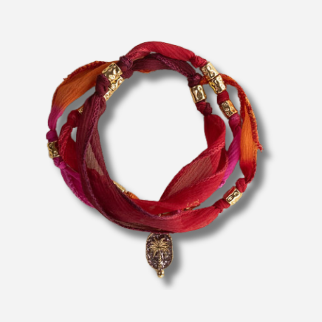 Bracelet collier Arone Palmier Sunset Amadrina en soie multicolore avec palmier doré, pavage de paillettes argentées et acier doré 18K