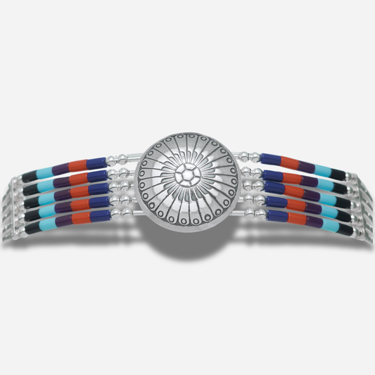 Bracelet Concho Cinq Rangs Multipierres B310 Harpo avec concho centrale en argent massif et perles Heishi multicolores fabriqué à la main aux États-Unis.