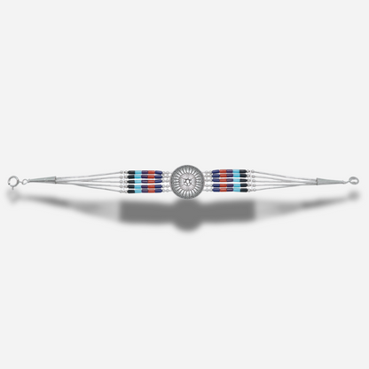 Bracelet Concho Cinq Rangs Multipierres B310 Harpo avec concho centrale en argent massif et perles Heishi multicolores fabriqué à la main aux États-Unis.
