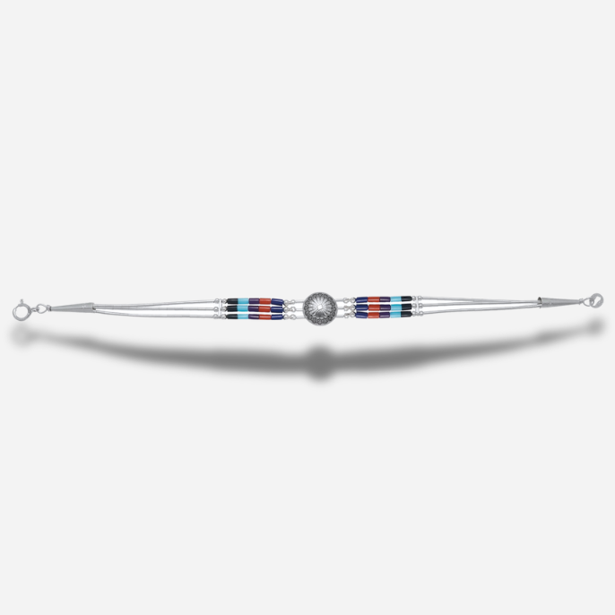 Bracelet Concho Trois Rangs Multipierres B336 Harpo avec concho florale en argent massif et perles Heishi multicolores fabriqué à la main aux États-Unis.