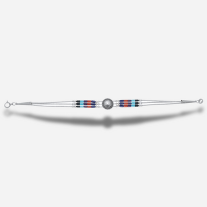 Bracelet Concho Trois Rangs Multipierres B336 Harpo avec concho florale en argent massif et perles Heishi multicolores fabriqué à la main aux États-Unis.