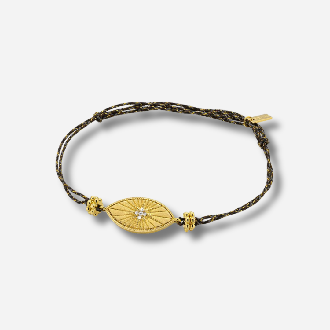 Bracelet Diwali Iris Mya Bay avec motif œil doré et cristaux sur cordon noir