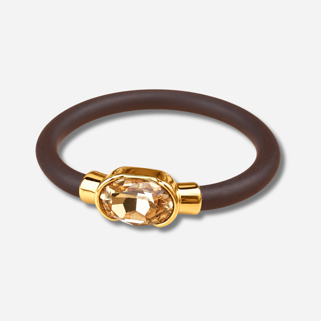 Bracelet Gala Champagne avec cristal ovale facetté champagne, monture dorée et bracelet marron