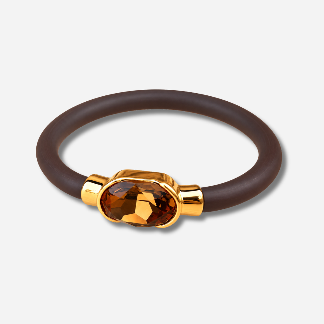Bracelet Gala Marron avec cristal ovale facetté marron ambré, monture dorée et bracelet marron