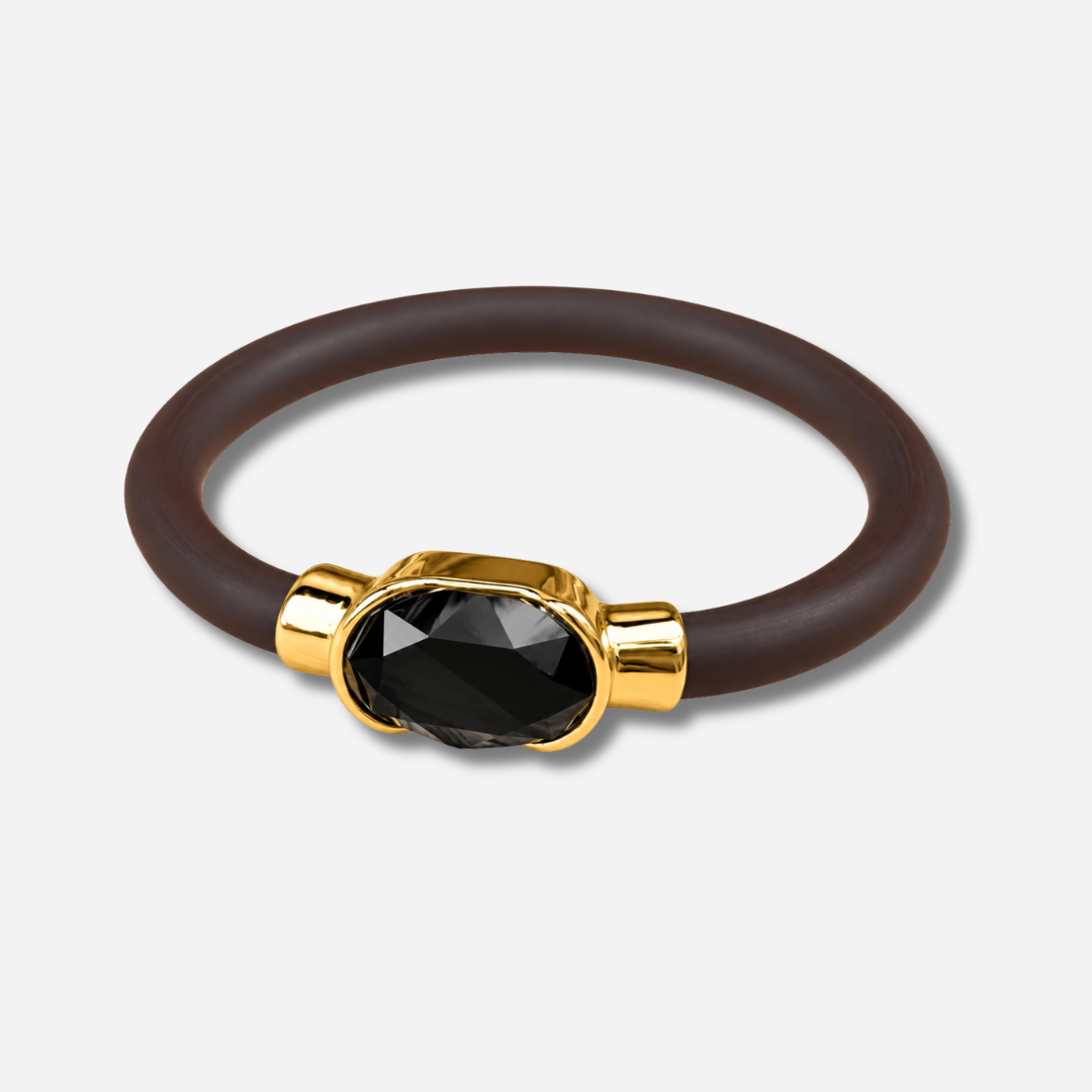Bracelet Gala Noir avec cristal ovale facetté noir, monture dorée et bracelet marron