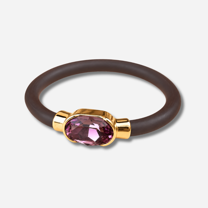 Bracelet Gala Prune avec cristal ovale facetté prune, monture dorée et bracelet marron