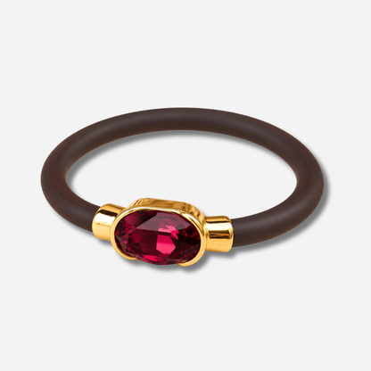 Bracelet Gala Rouge avec cristal ovale facetté rouge, monture dorée et bracelet marron
