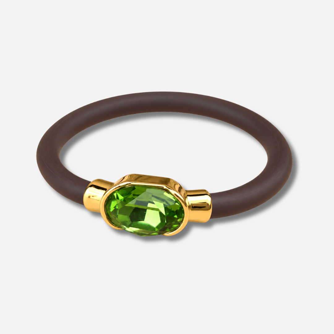 Bracelet Gala Vert Anis avec cristal ovale facetté vert anis, monture dorée et bracelet marron
