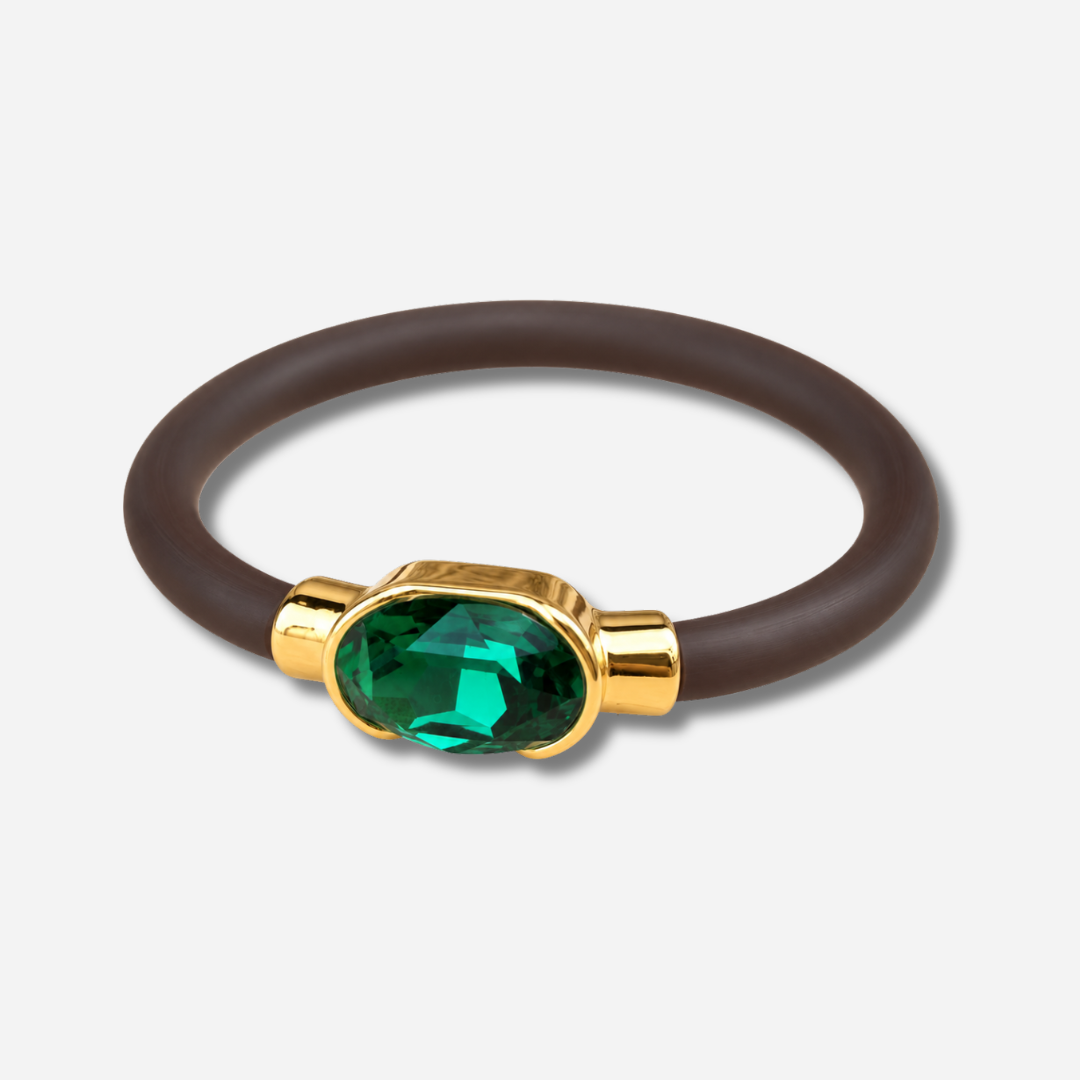 Bracelet Gala Vert Émeraude avec cristal ovale facetté vert émeraude, monture dorée et bracelet marron