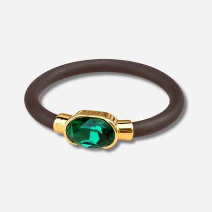 Bracelet Gala Vert Émeraude avec cristal ovale facetté vert émeraude, monture dorée et bracelet marron