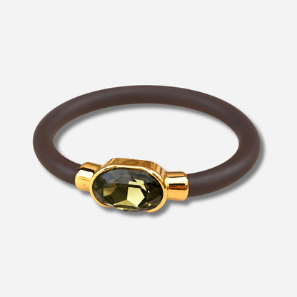 Bracelet Gala Vert Kaki avec cristal ovale facetté kaki, monture dorée et bracelet marron
