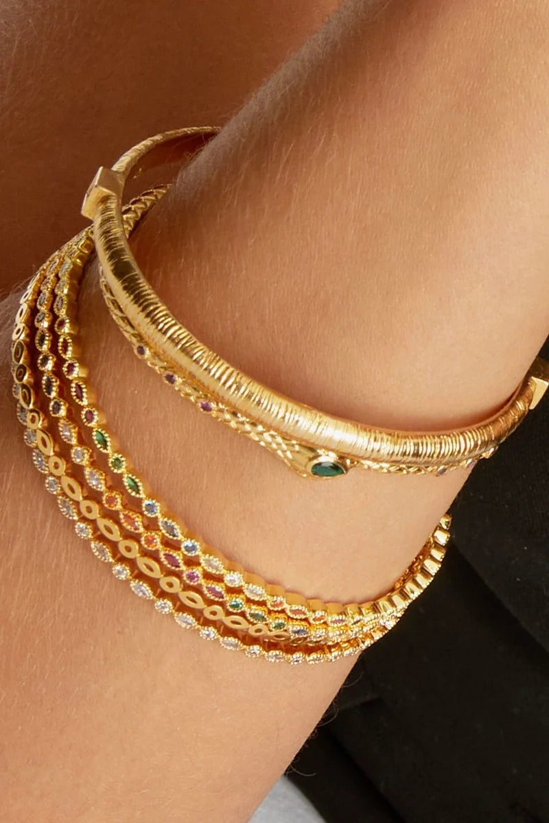 Bracelet jonc Snake MYA-BAY doré avec cristaux verts et fuchsia