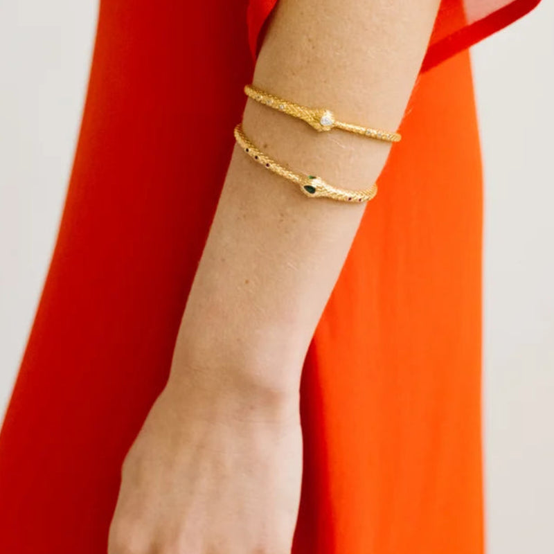 Bracelet jonc Snake MYA-BAY doré avec cristaux verts et fuchsia