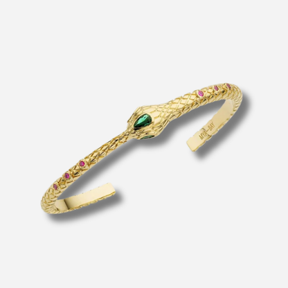 Bracelet jonc Snake MYA-BAY doré avec cristaux verts et fuchsia