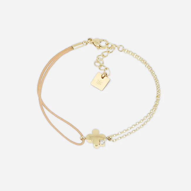 Bracelet Lyric ZAG en acier inoxydable doré avec trèfle nacré et cordon beige