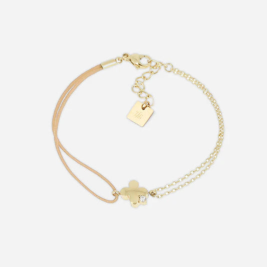 Bracelet Lyric ZAG en acier inoxydable doré avec trèfle nacré et cordon beige