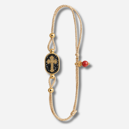 Bracelet Nonza Croix Noir Amadrina Corse avec croix dorée, paillettes noires et perle de corail
