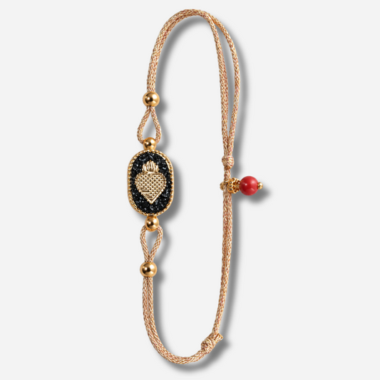 Bracelet Nonza Ex-Voto Noir Amadrina Corse avec cœur doré, paillettes noires et perle de corail
