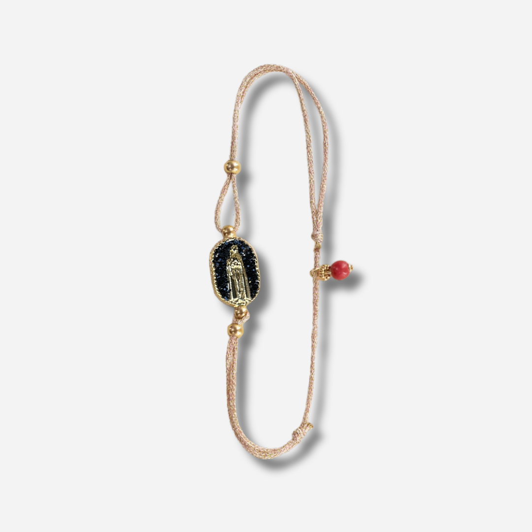 Bracelet Nonza Madone Noir Amadrina Corse avec médaillon noir pailleté et Madone dorée

