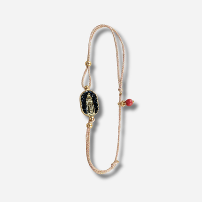 Bracelet Nonza Madone Noir Amadrina Corse avec médaillon noir pailleté et Madone dorée
