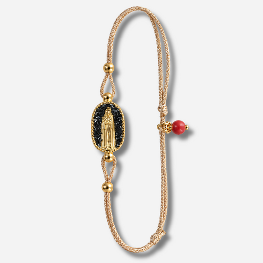 Bracelet Nonza Madone Noir Amadrina Corse avec médaillon noir pailleté et Madone dorée
