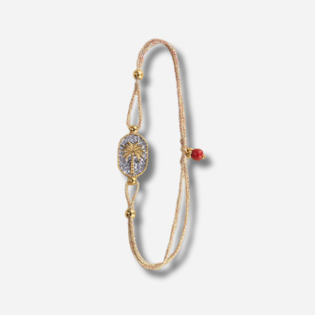 Bracelet Nonza Palmier Argent Amadrina sur cordon réglable avec palmier doré, pavage de paillettes argentées et perle de corail naturelle