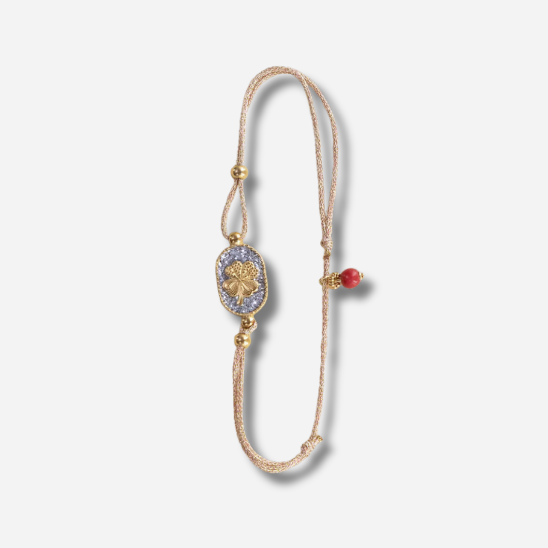 Bracelet Nonza Trèfle Argent Amadrina Corse avec médaillon argenté pailleté et trèfle doré
